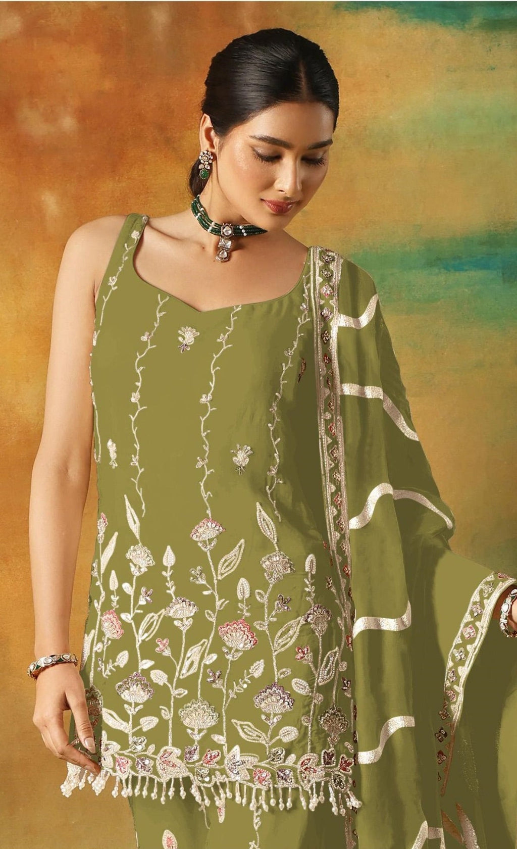 Anaita Parrot Green Heavy Fox Georgette Suit With Embroidery Work - Distacart
