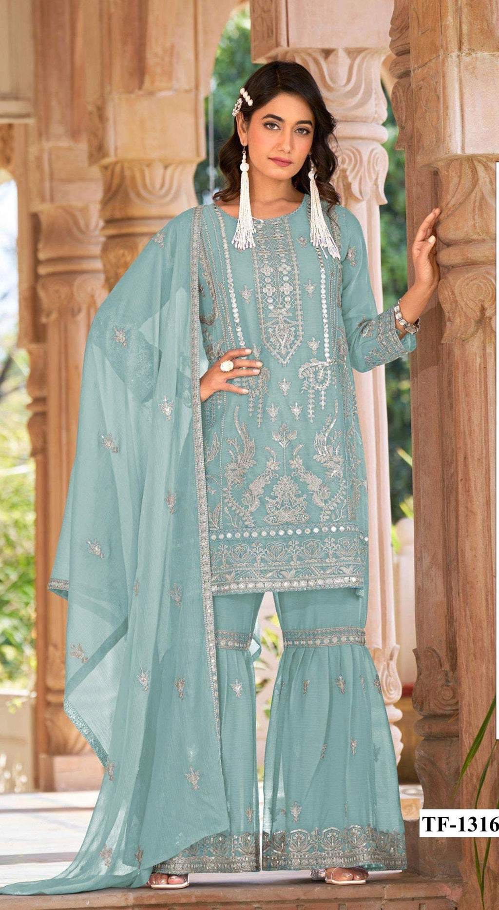 Anaita Sky Blue Nylon Organza Suit With Embroidery & Mirror Work - Distacart