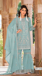 Anaita Sky Blue Nylon Organza Suit With Embroidery & Mirror Work - Distacart