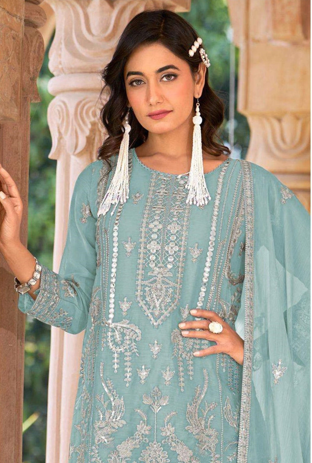 Anaita Sky Blue Nylon Organza Suit With Embroidery & Mirror Work - Distacart