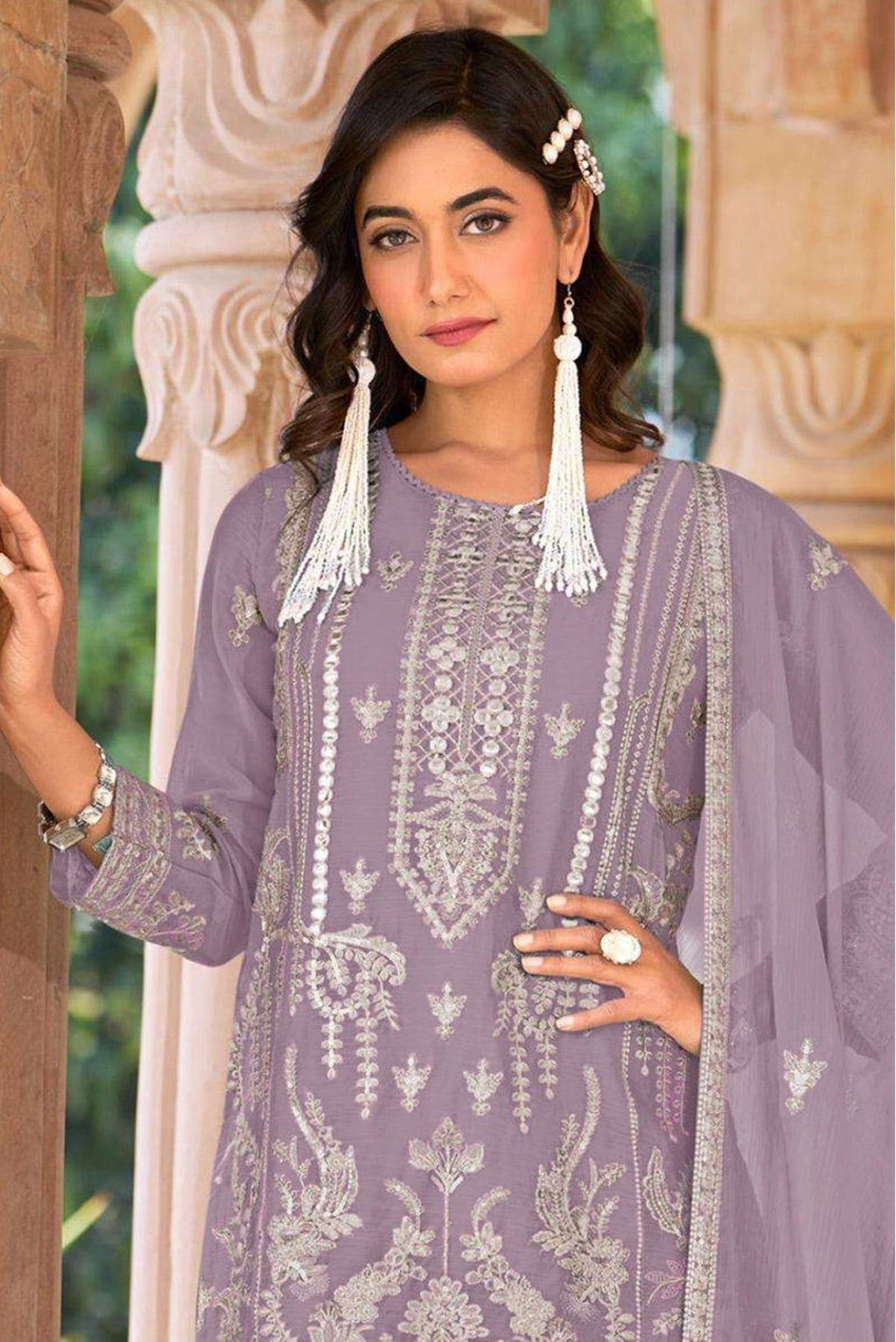 Anaita Lavender Nylon Organza Suit With Embroidery & Mirror Work - Distacart