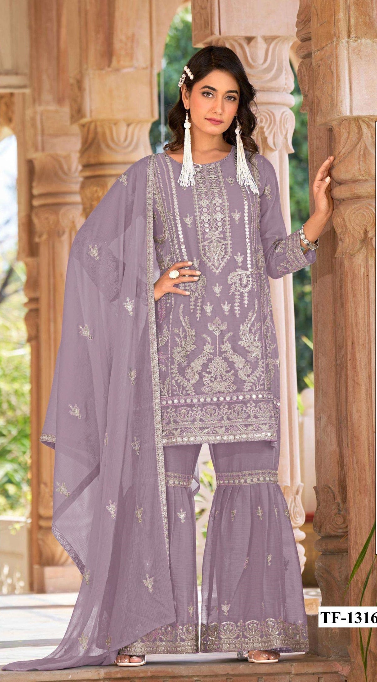 Anaita Lavender Nylon Organza Suit With Embroidery & Mirror Work - Distacart