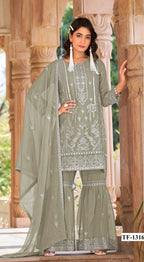 Anaita Sea Green Nylon Organza Suit With Embroidery & Mirror Work - Distacart