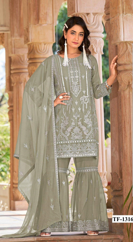 Anaita Sea Green Nylon Organza Suit With Embroidery & Mirror Work