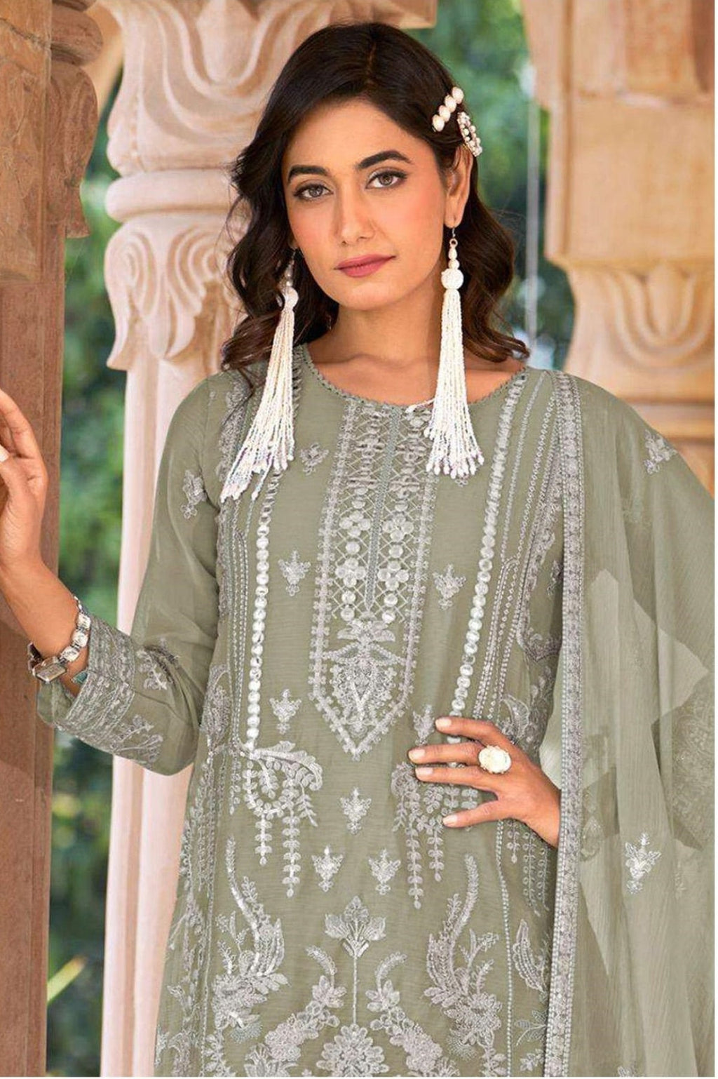 Anaita Sea Green Nylon Organza Suit With Embroidery & Mirror Work - Distacart