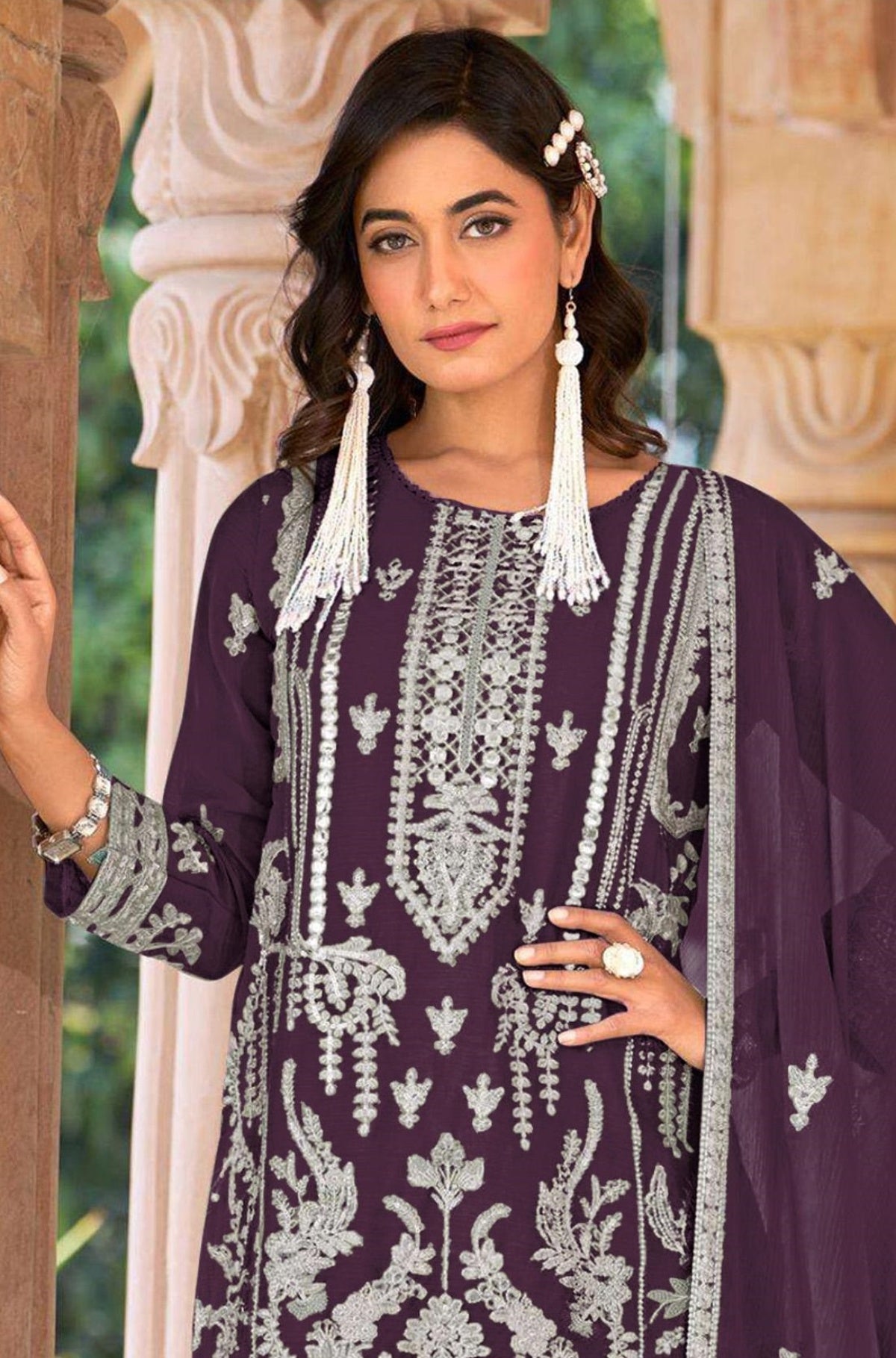 Anaita Purple Nylon Organza Suit With Embroidery & Mirror Work - Distacart