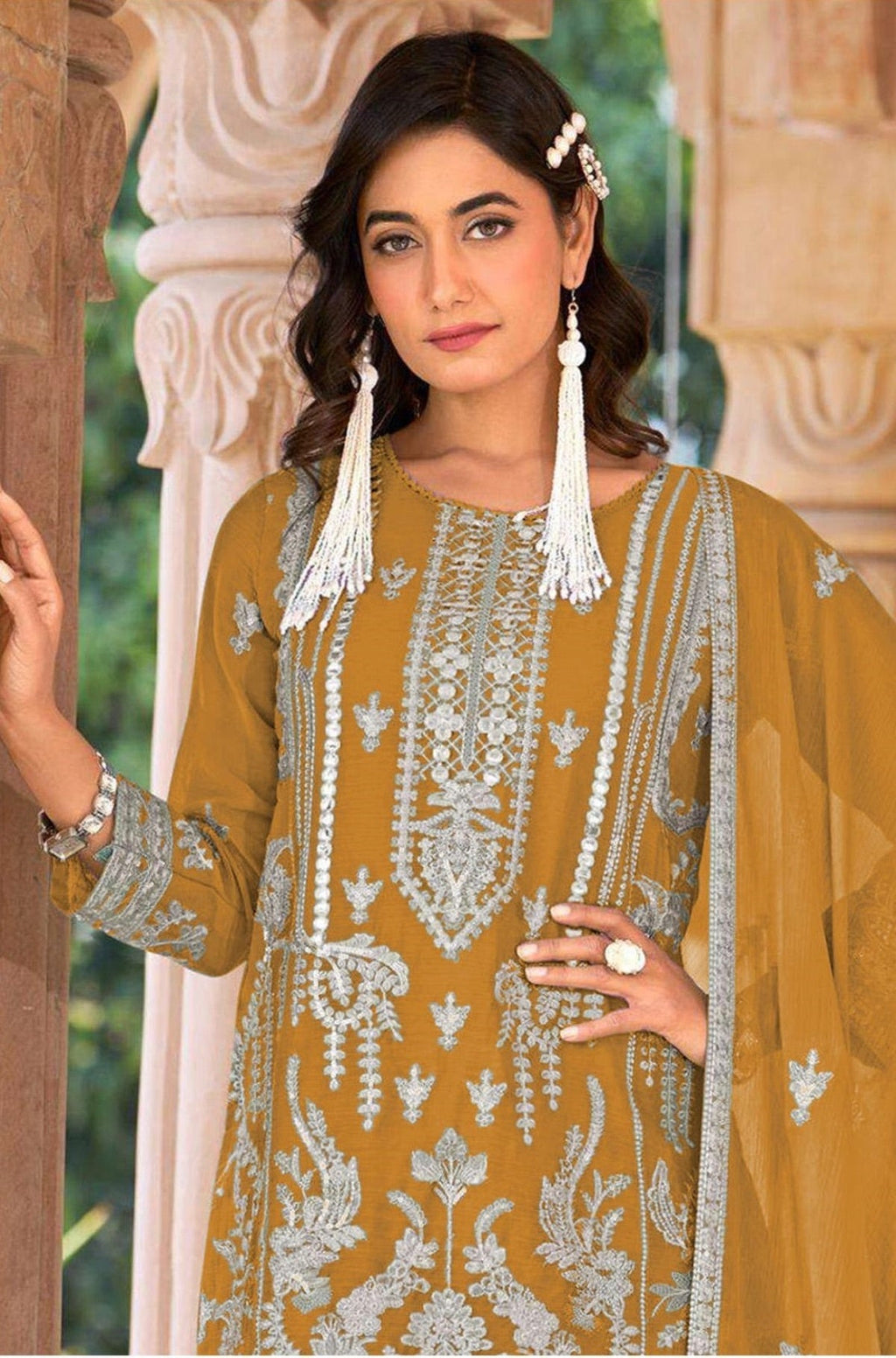Anaita Gold Nylon Organza Suit With Embroidery & Mirror Work - Distacart
