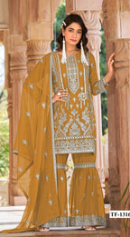 Anaita Gold Nylon Organza Suit With Embroidery & Mirror Work - Distacart