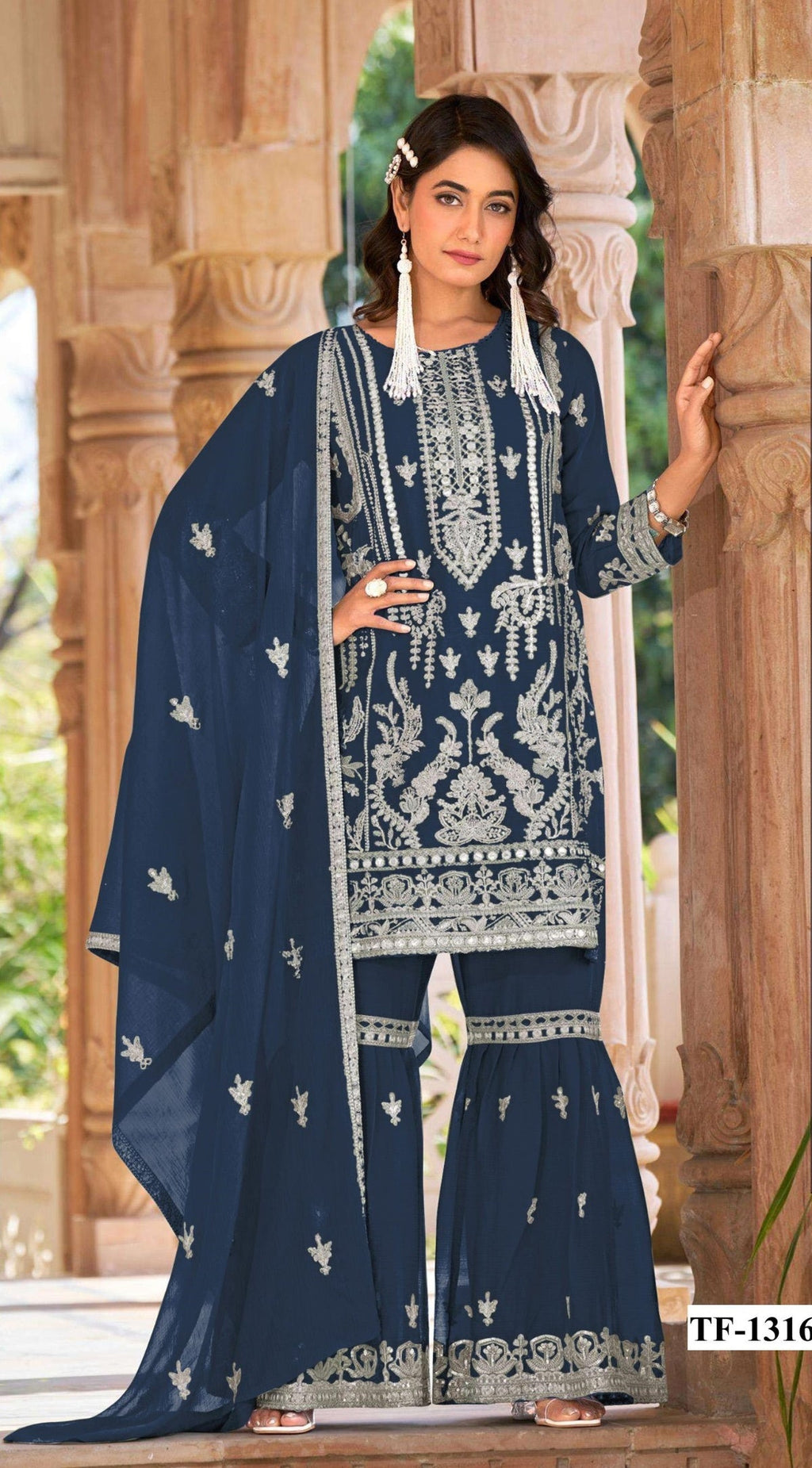Anaita Navy Blue Nylon Organza Suit With Embroidery & Mirror Work - Distacart