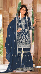 Anaita Navy Blue Nylon Organza Suit With Embroidery & Mirror Work - Distacart