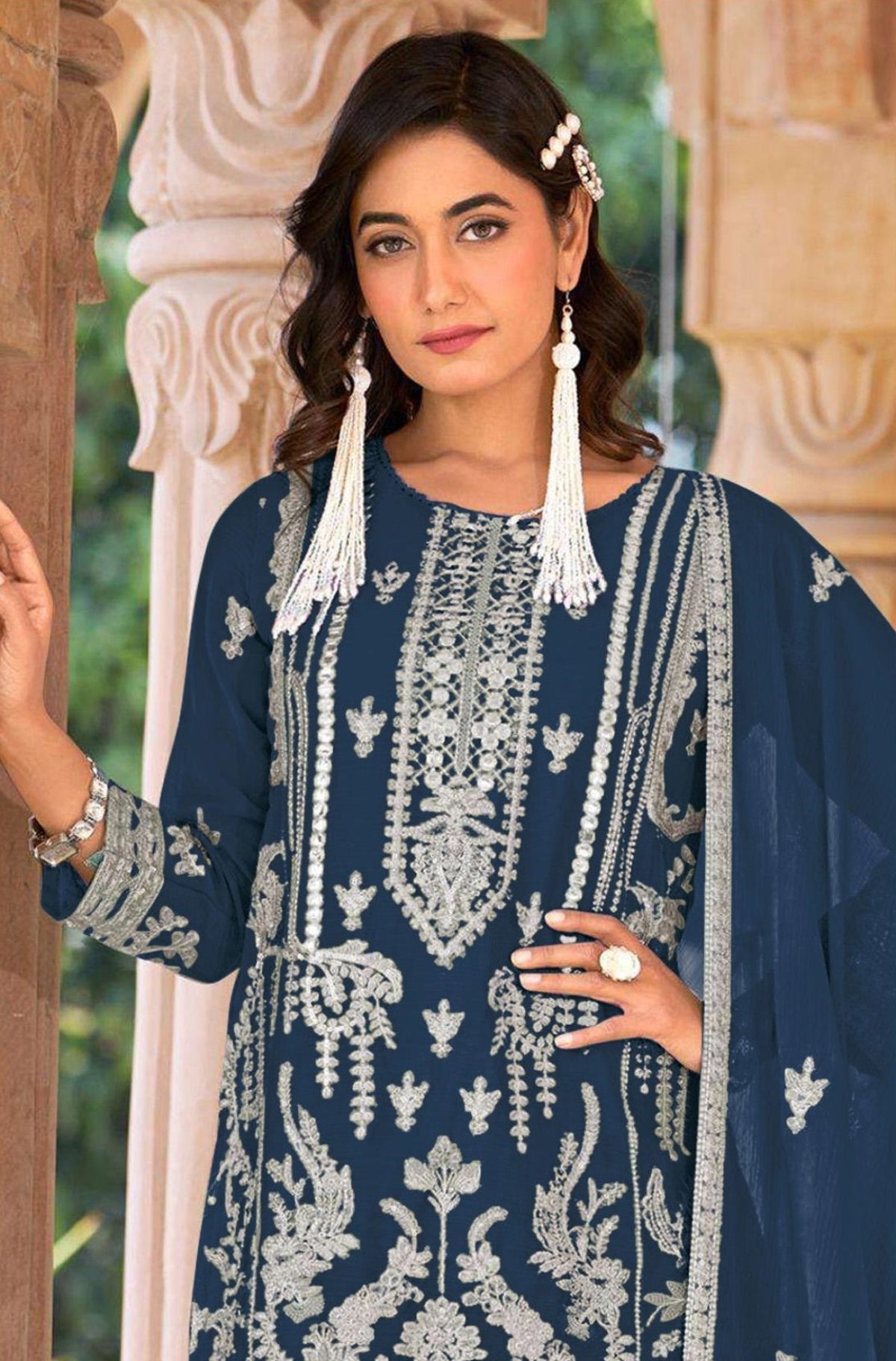 Anaita Navy Blue Nylon Organza Suit With Embroidery & Mirror Work - Distacart
