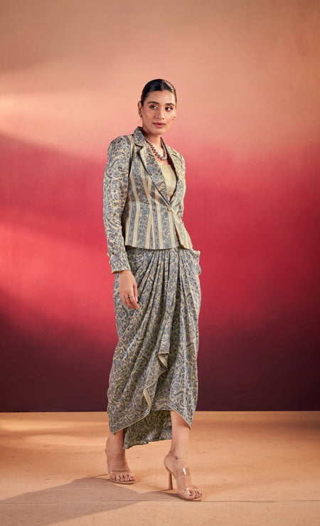 Lorenvalley Fashion Multicolor Tasar Silk Printed Blouse Chic Layer and Stylish Bottom Co-ord Set