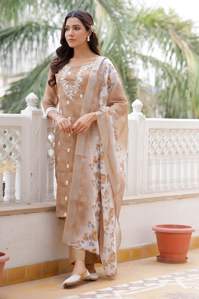Vaasva Women Brown Linen Kurta Embroidered Kurta Set With Solid Pants & Dupatta