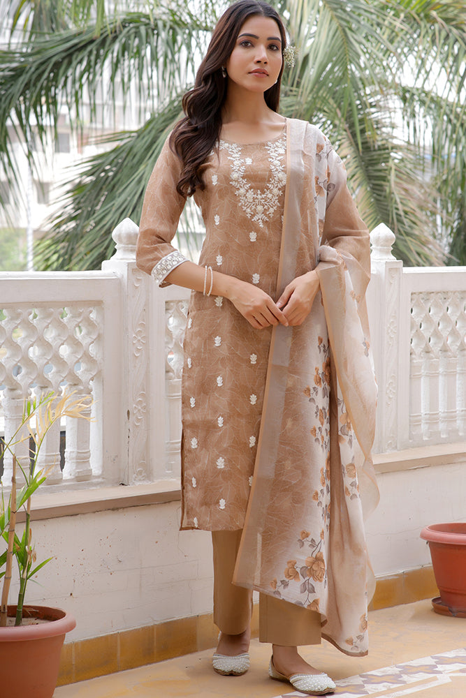 Vaasva Women Brown Linen Kurta Embroidered Kurta Set With Solid Pants & Dupatta