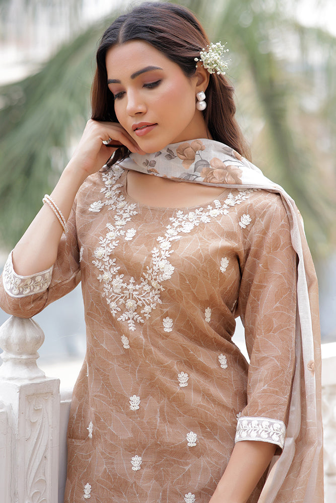 Vaasva Women Brown Linen Kurta Embroidered Kurta Set With Solid Pants & Dupatta