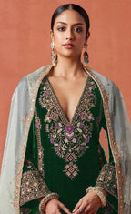 Anaita Dark Green Heavy Velvet Suit With Embroidery Work - Distacart