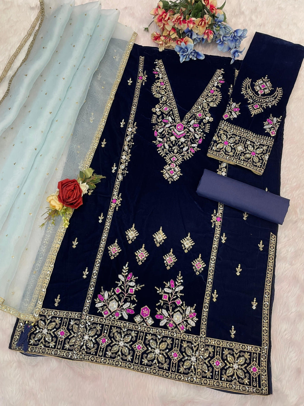 Anaita Teal Heavy Velvet Suit With Embroidery Work - Distacart