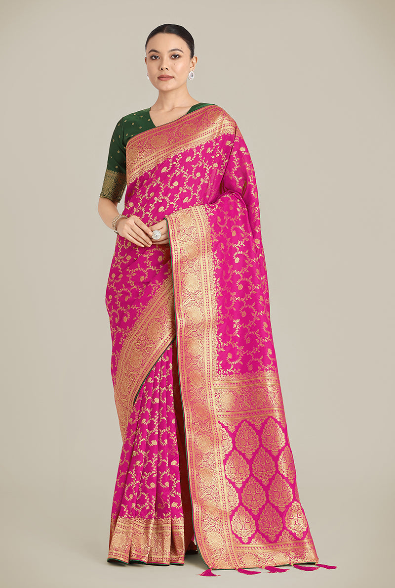 Monjolika Fashion Rani Pink Color Banarasi Silk Wedding Collection Saree - Distacart