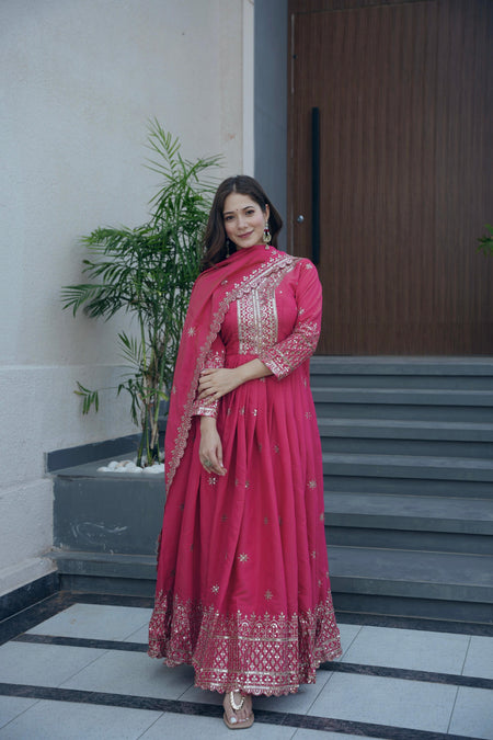Lorenvalley Fashion Gajari Pink Shimmer Silk Embroidery Sequins Work Anarkali Gown with Dupatta