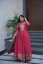 Lorenvalley Fashion Gajari Pink Shimmer Silk Embroidery Sequins Work Anarkali Gown with Dupatta - Distacart