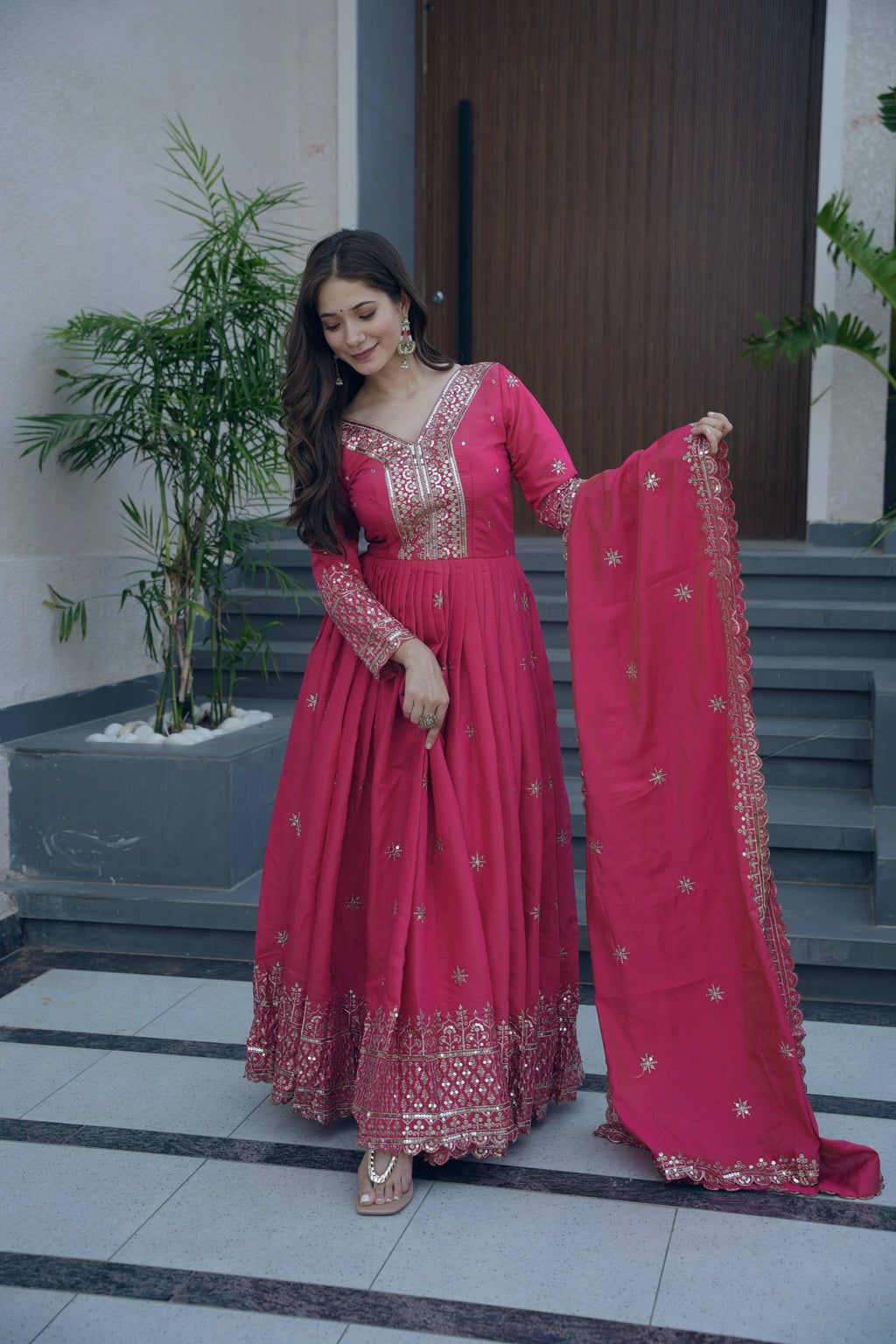 Lorenvalley Fashion Gajari Pink Shimmer Silk Embroidery Sequins Work Anarkali Gown with Dupatta - Distacart
