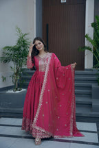Lorenvalley Fashion Gajari Pink Shimmer Silk Embroidery Sequins Work Anarkali Gown with Dupatta - Distacart