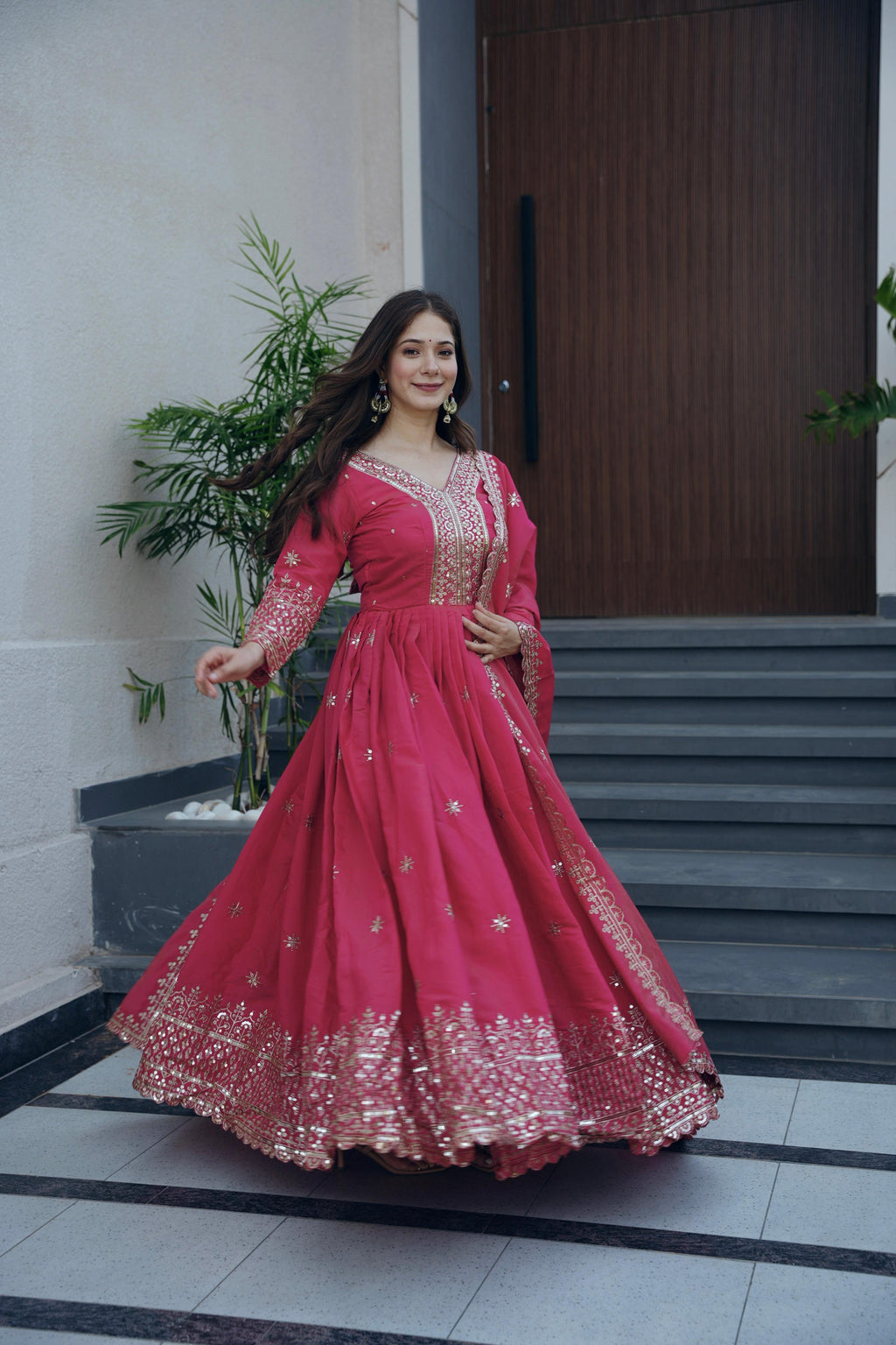 Lorenvalley Fashion Gajari Pink Shimmer Silk Embroidery Sequins Work Anarkali Gown with Dupatta - Distacart