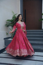Lorenvalley Fashion Gajari Pink Shimmer Silk Embroidery Sequins Work Anarkali Gown with Dupatta - Distacart