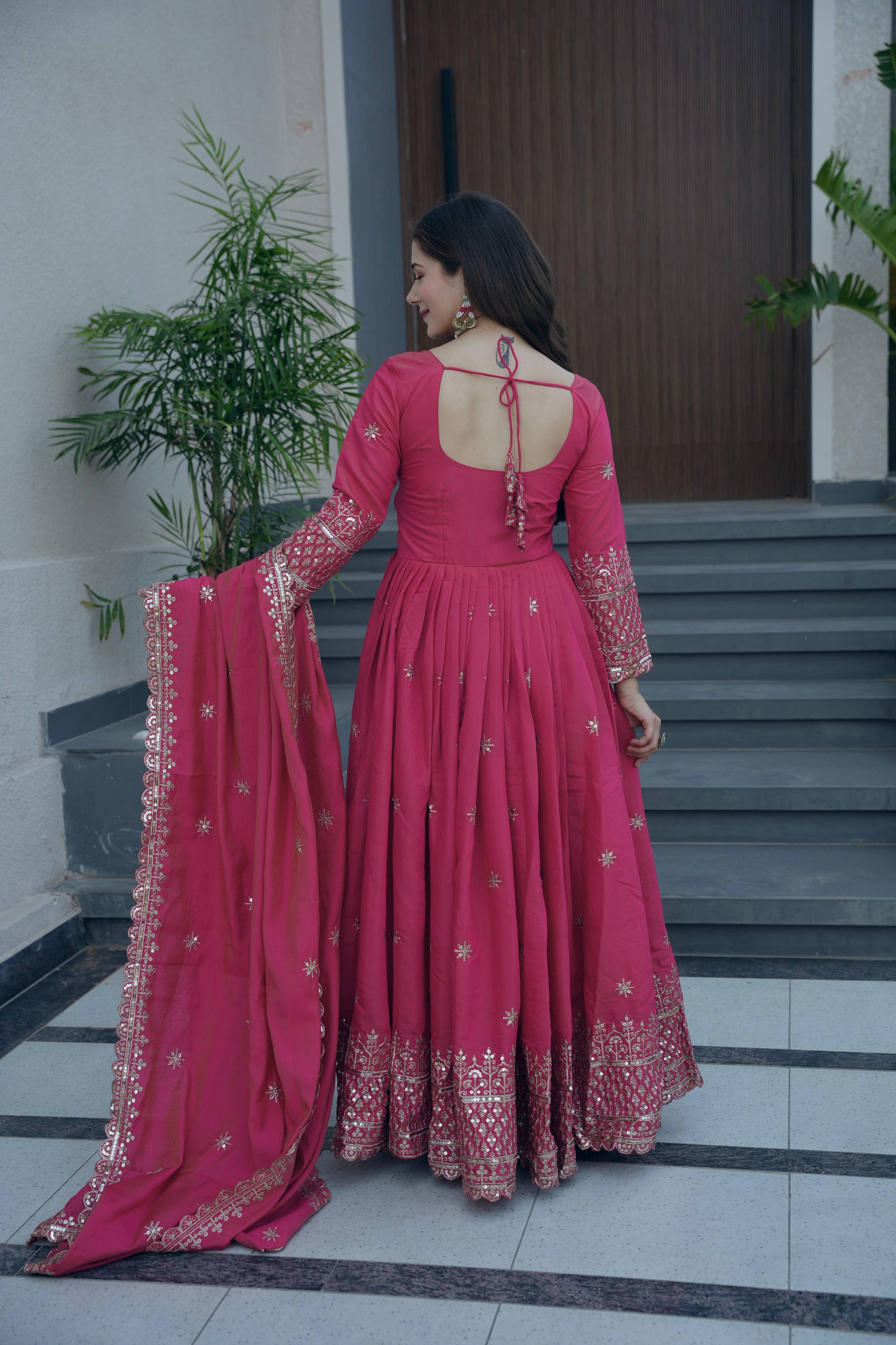 Lorenvalley Fashion Gajari Pink Shimmer Silk Embroidery Sequins Work Anarkali Gown with Dupatta - Distacart