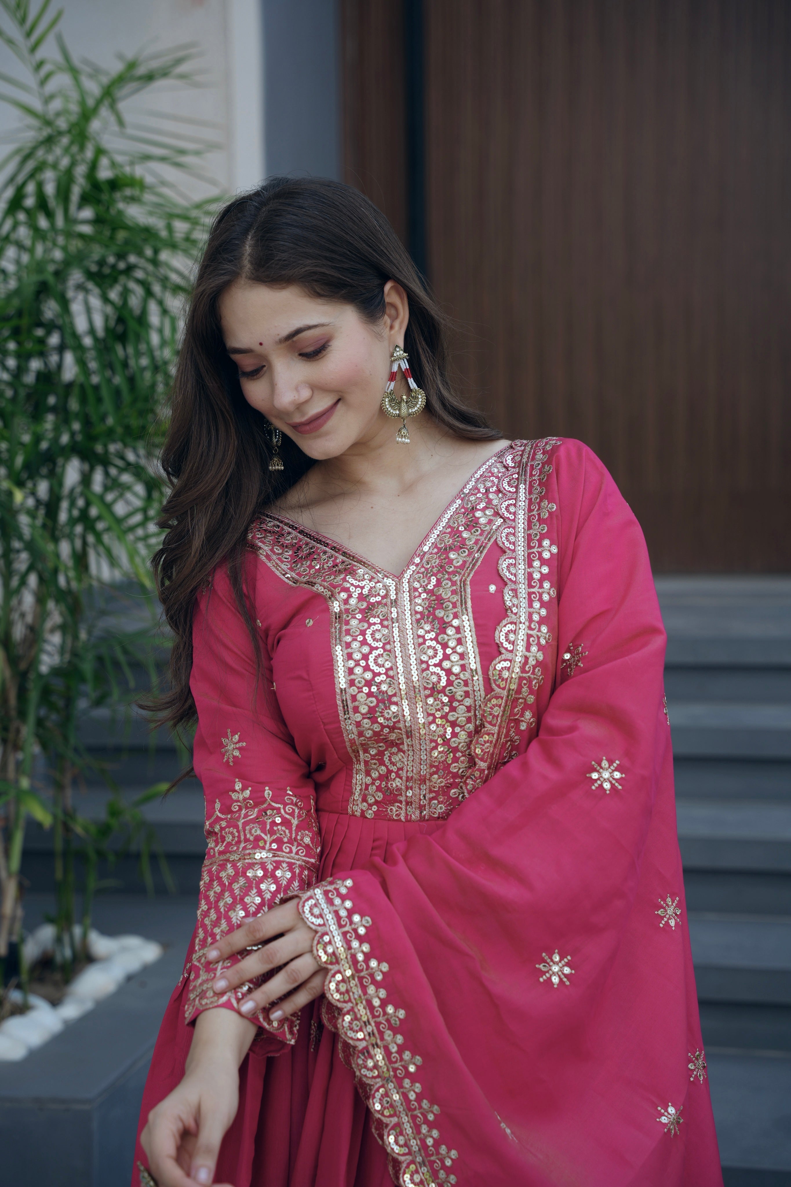 Lorenvalley Fashion Gajari Pink Shimmer Silk Embroidery Sequins Work Anarkali Gown with Dupatta - Distacart