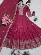 Lorenvalley Fashion Gajari Pink Shimmer Silk Embroidery Sequins Work Anarkali Gown with Dupatta - Distacart