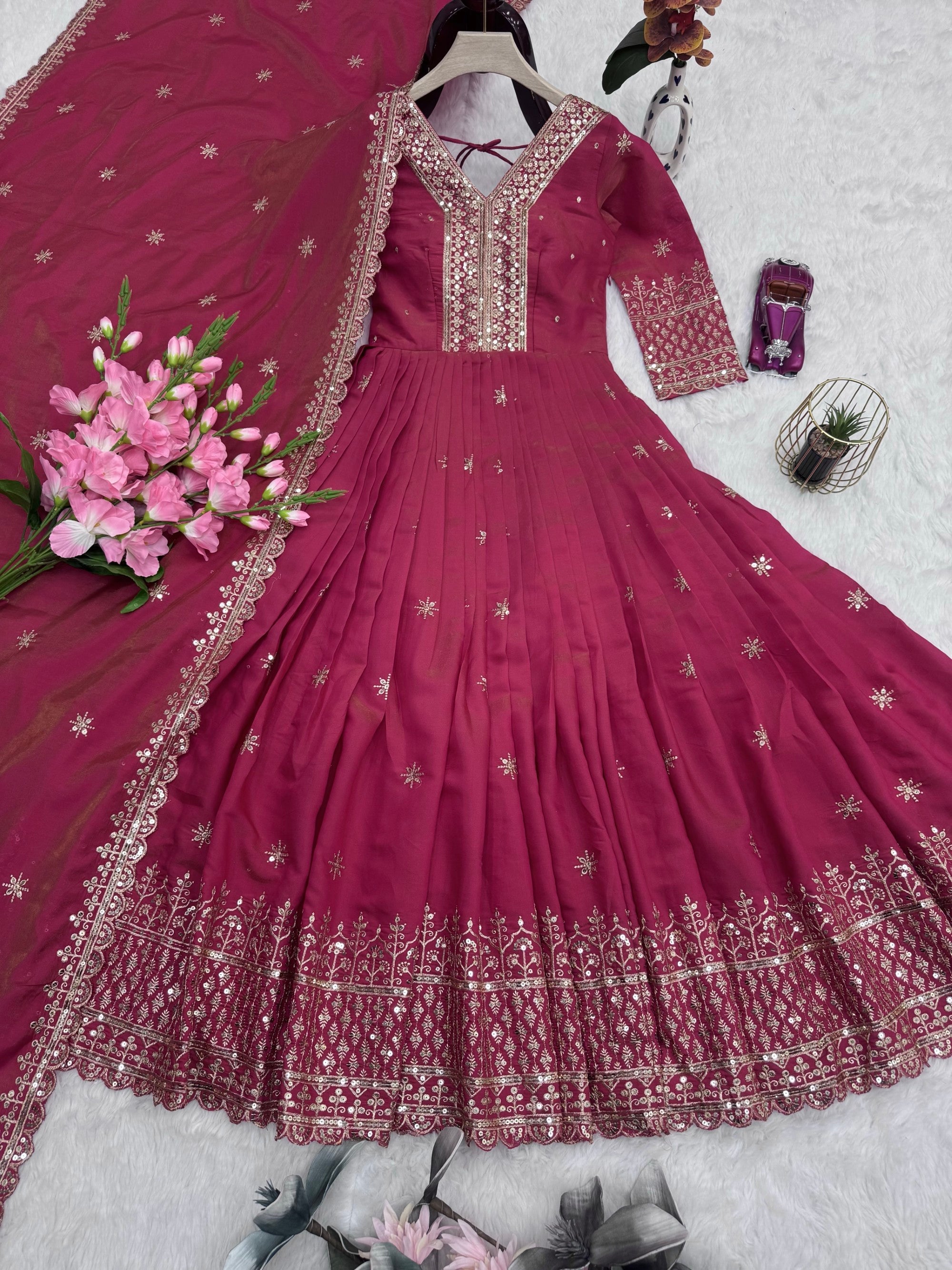 Lorenvalley Fashion Gajari Pink Shimmer Silk Embroidery Sequins Work Anarkali Gown with Dupatta - Distacart