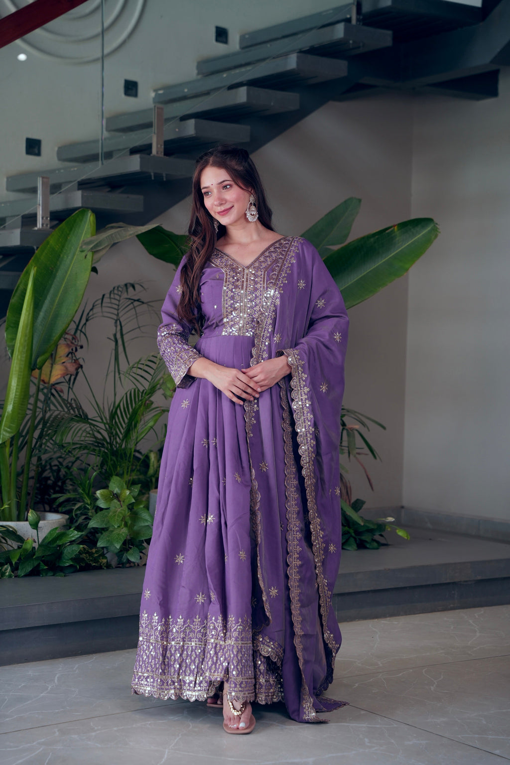 Lorenvalley Fashion Lavender Shimmer Silk Embroidery Sequins Work Anarkali Gown with Dupatta - Distacart