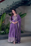 Lorenvalley Fashion Lavender Shimmer Silk Embroidery Sequins Work Anarkali Gown with Dupatta - Distacart