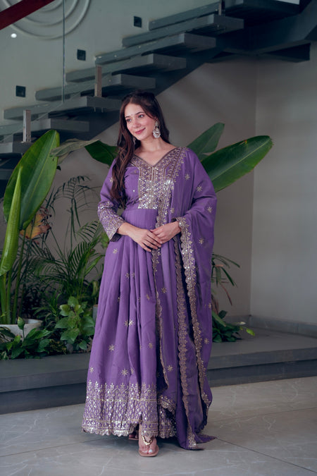 Lorenvalley Fashion Lavender Shimmer Silk Embroidery Sequins Work Anarkali Gown with Dupatta