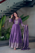 Lorenvalley Fashion Lavender Shimmer Silk Embroidery Sequins Work Anarkali Gown with Dupatta - Distacart