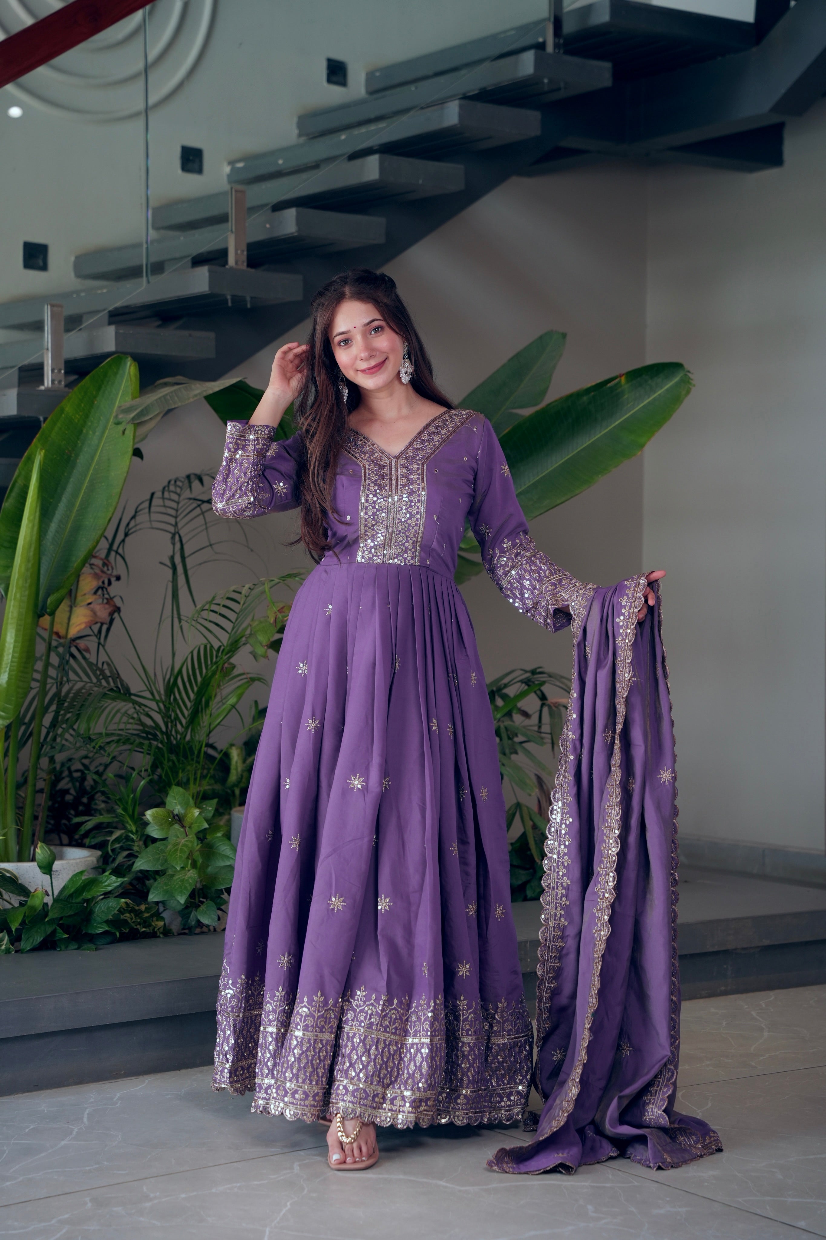 Lorenvalley Fashion Lavender Shimmer Silk Embroidery Sequins Work Anarkali Gown with Dupatta - Distacart