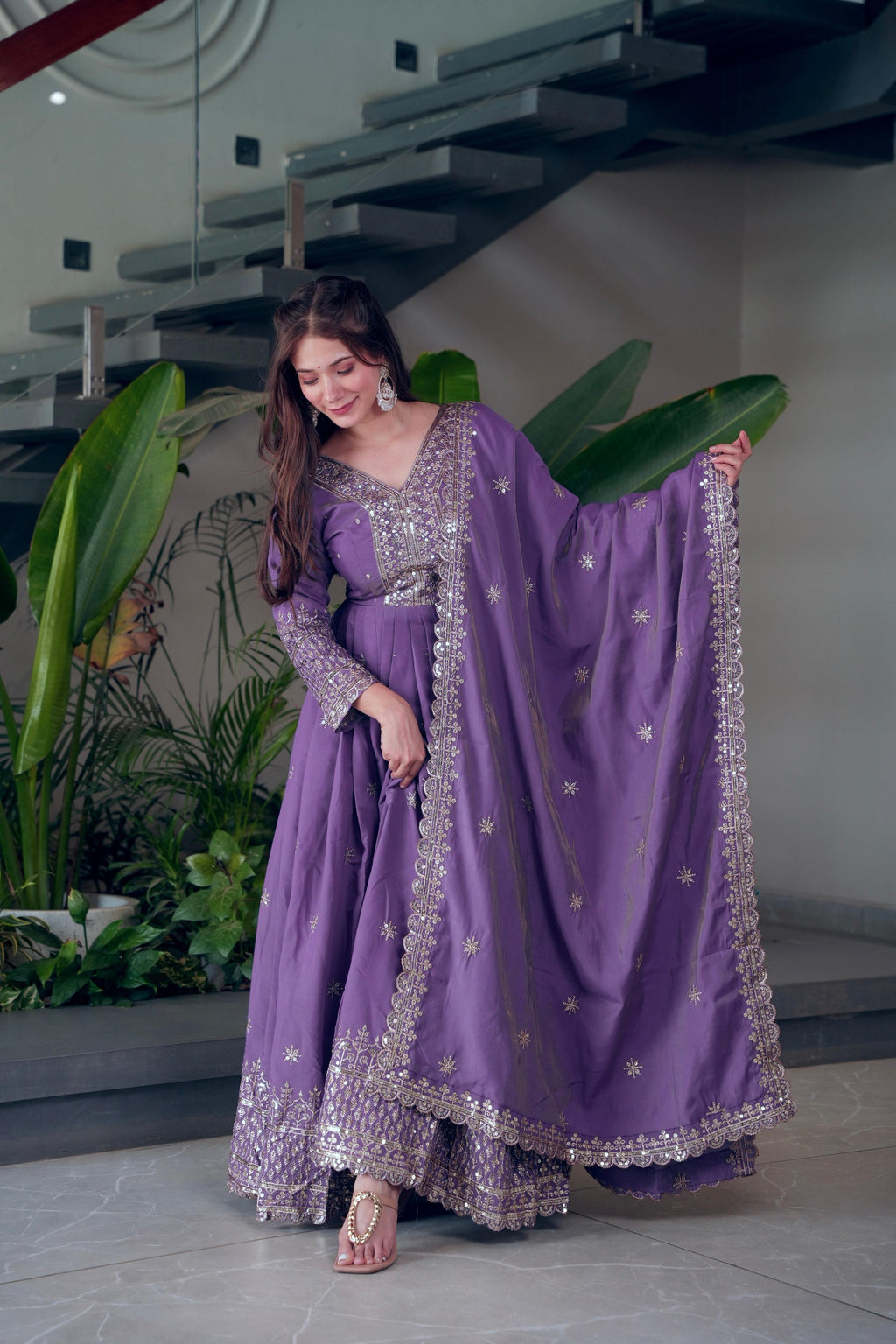 Lorenvalley Fashion Lavender Shimmer Silk Embroidery Sequins Work Anarkali Gown with Dupatta - Distacart
