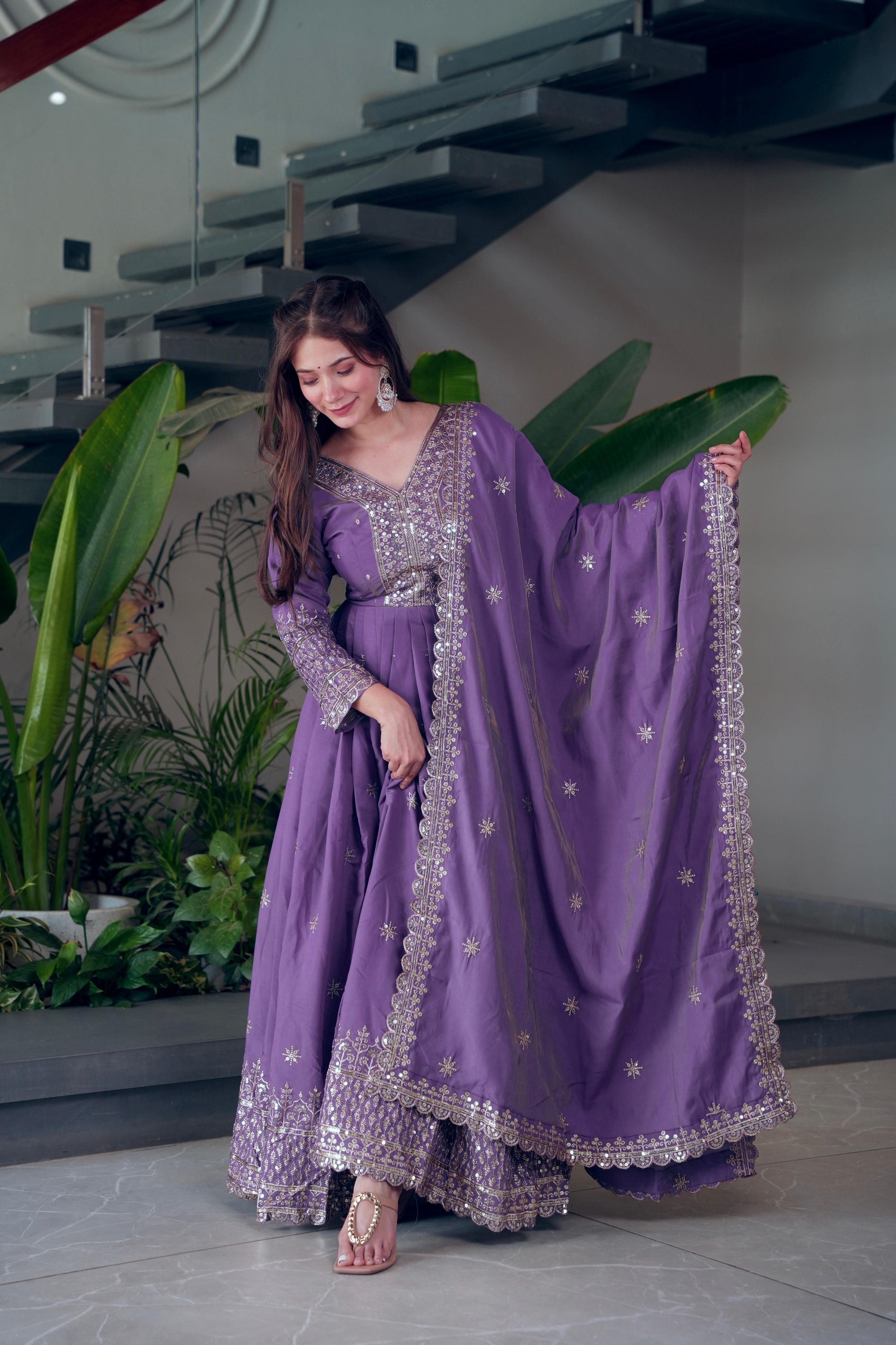 Lorenvalley Fashion Lavender Shimmer Silk Embroidery Sequins Work Anarkali Gown with Dupatta - Distacart
