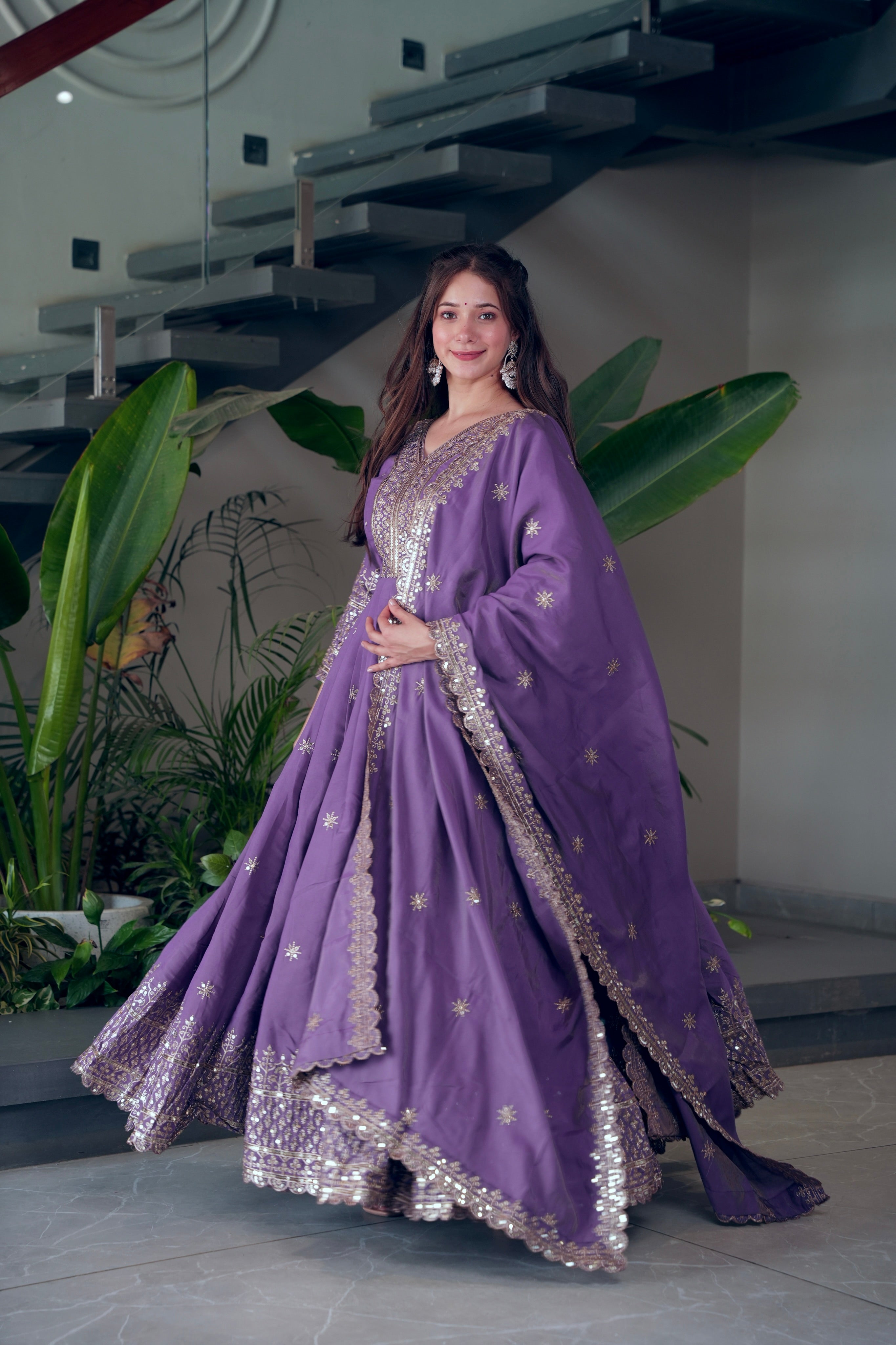 Lorenvalley Fashion Lavender Shimmer Silk Embroidery Sequins Work Anarkali Gown with Dupatta - Distacart