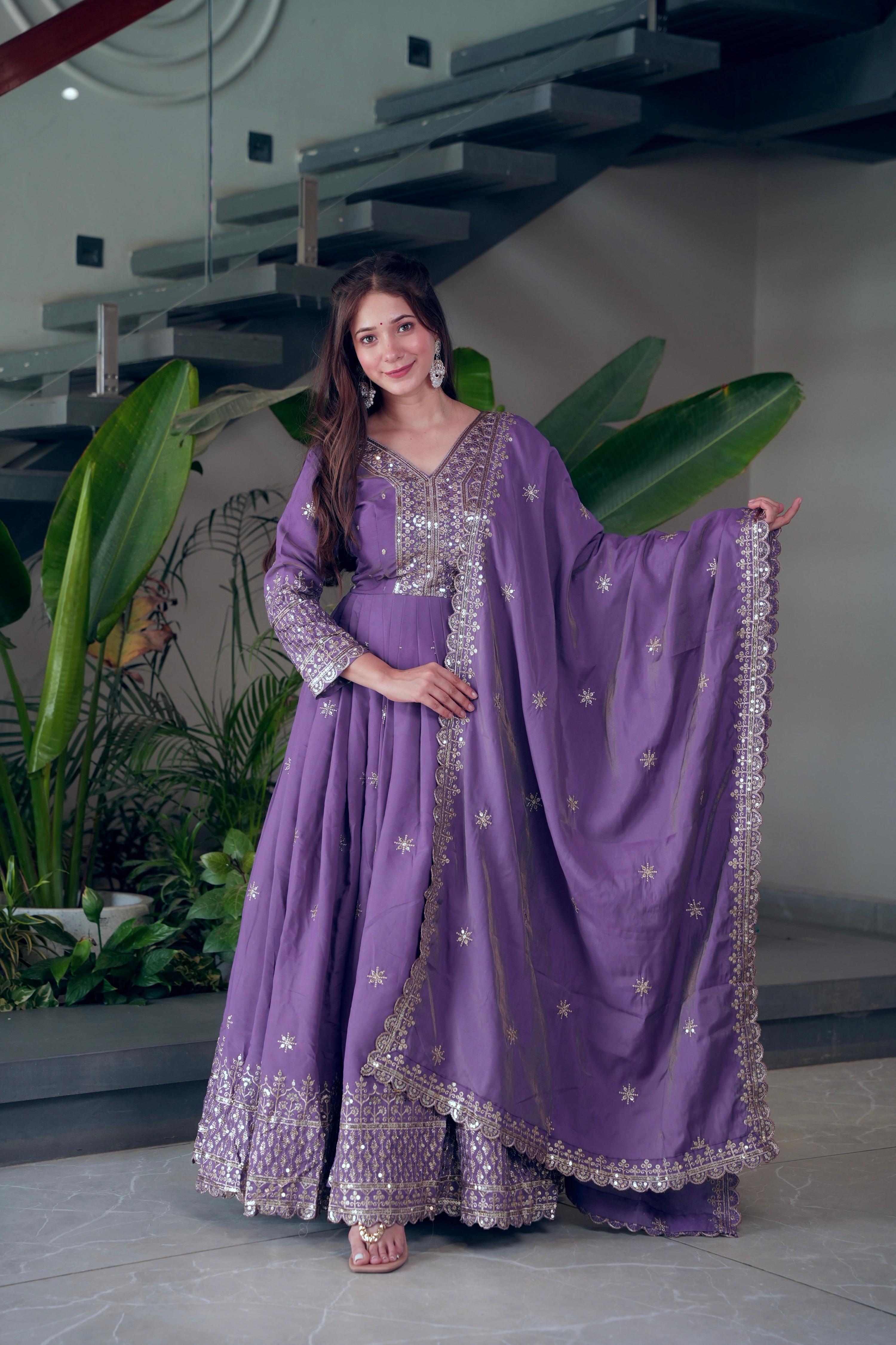 Lorenvalley Fashion Lavender Shimmer Silk Embroidery Sequins Work Anarkali Gown with Dupatta - Distacart