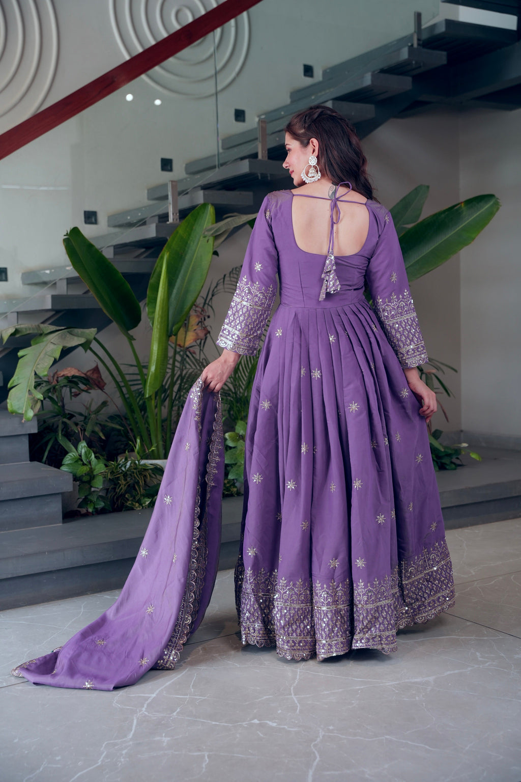 Lorenvalley Fashion Lavender Shimmer Silk Embroidery Sequins Work Anarkali Gown with Dupatta - Distacart
