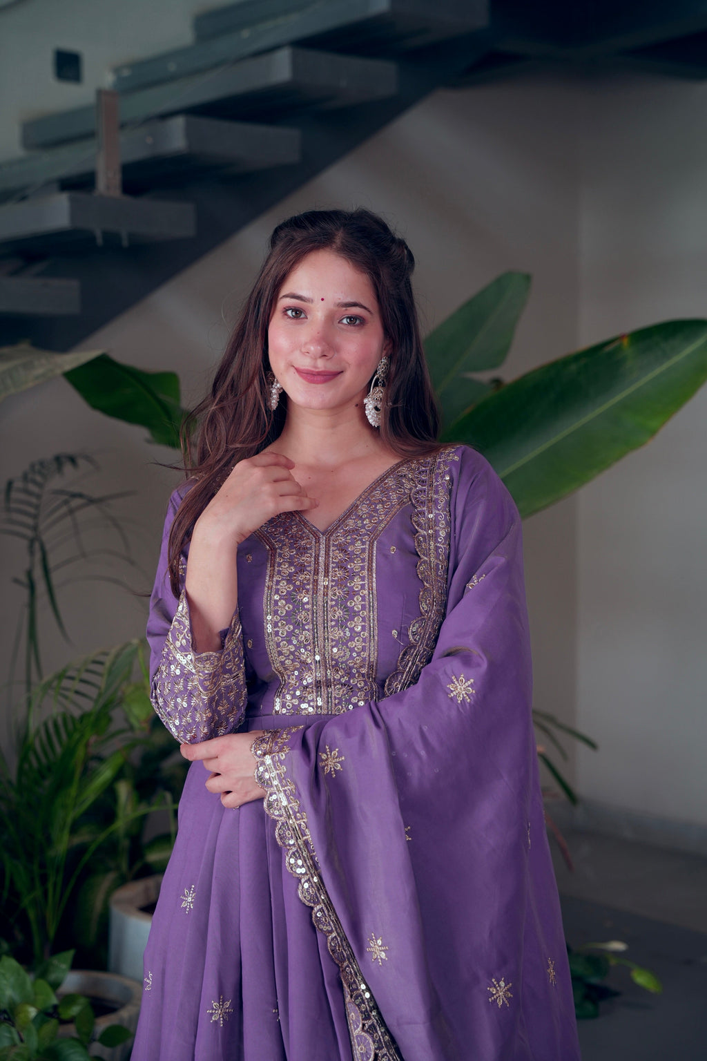 Lorenvalley Fashion Lavender Shimmer Silk Embroidery Sequins Work Anarkali Gown with Dupatta - Distacart
