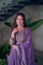 Lorenvalley Fashion Lavender Shimmer Silk Embroidery Sequins Work Anarkali Gown with Dupatta - Distacart