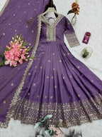 Lorenvalley Fashion Lavender Shimmer Silk Embroidery Sequins Work Anarkali Gown with Dupatta - Distacart