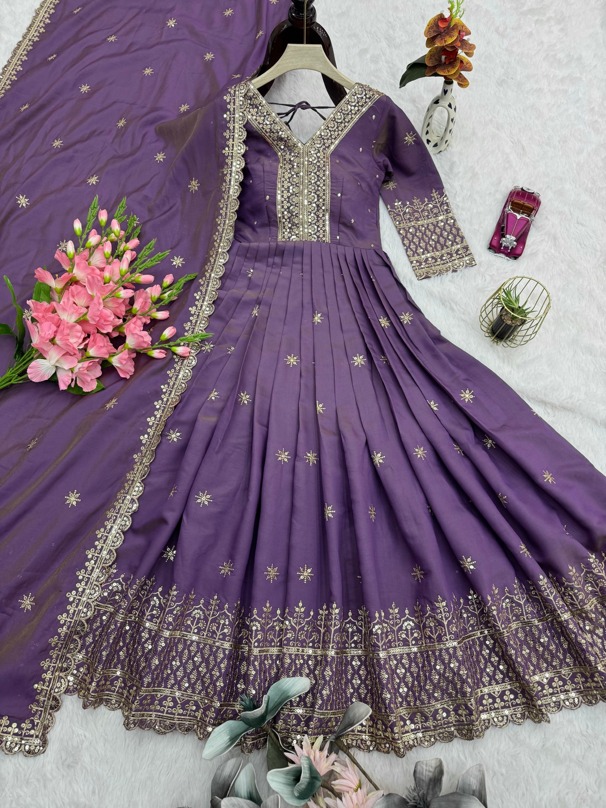 Lorenvalley Fashion Lavender Shimmer Silk Embroidery Sequins Work Anarkali Gown with Dupatta - Distacart