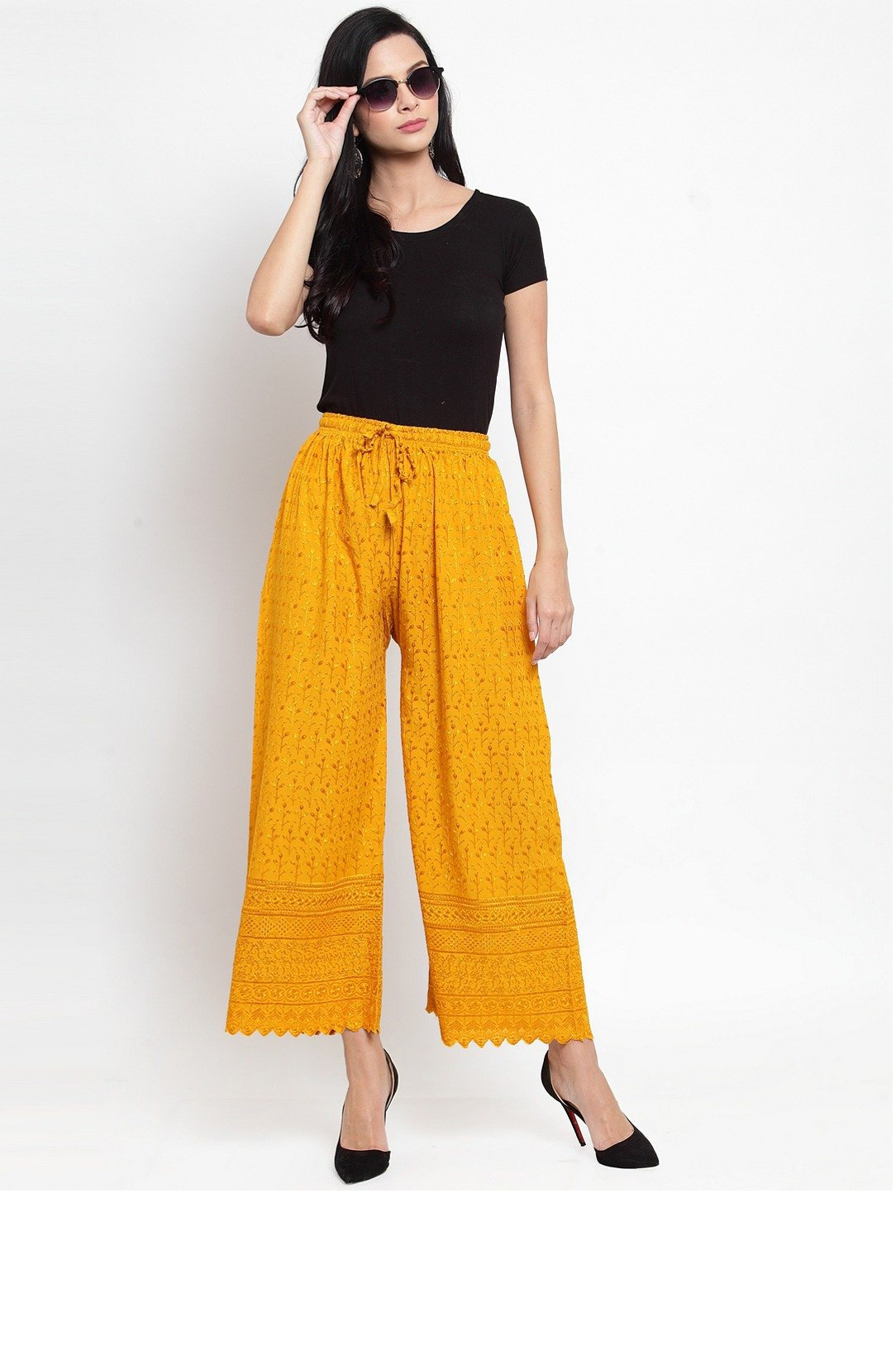 PAVONINE Mustard Color Full Chikankari Rayon Fabric Sharara For Women - Distacart