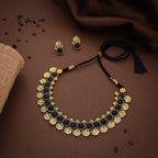 Tehzeeb Creations Black Colour Gold-Polished Stone Jewellery Choker Necklace Set With Matching Pair of Stud Earrings