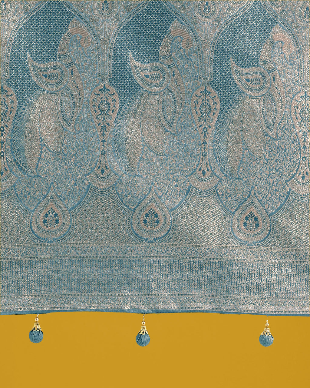 Monjolika Fashion Dusty Cyan Weaving Banarasi Satin Silk Trendy Saree For Festival