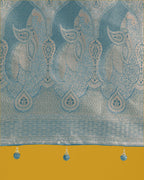 Monjolika Fashion Dusty Cyan Weaving Banarasi Satin Silk Trendy Saree For Festival